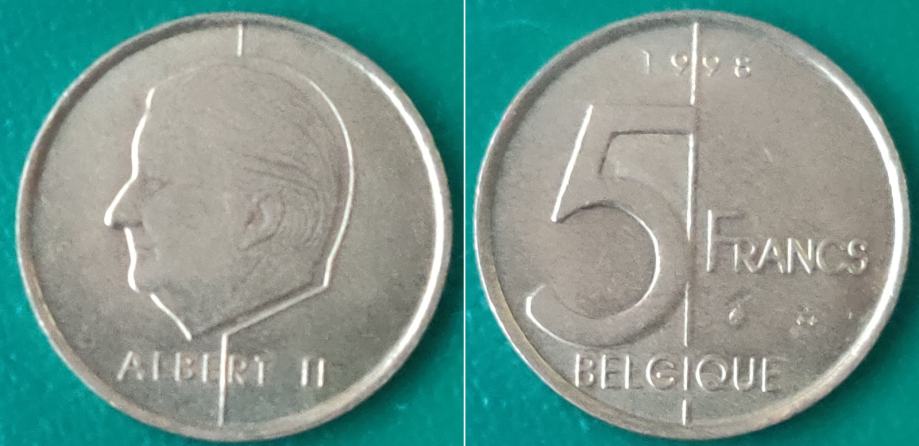 Belgium 5 francs, 1998 Legend in French - 'BELGIQUE' ***/