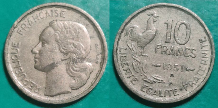 France 10 Francs, 1951 Mintmark B - Beaumont-le-Roger