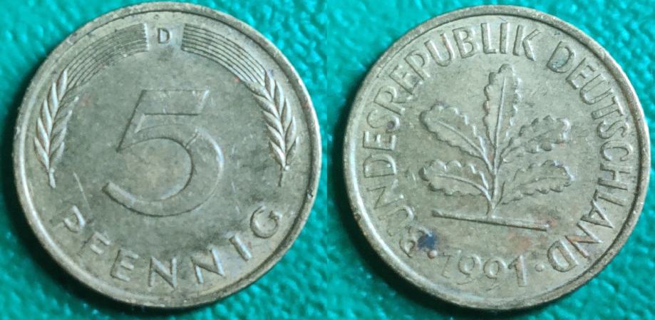 Germany 5 pfennig, 1991 "D" - Munich /