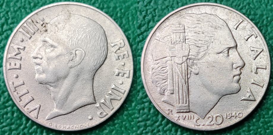 Italy 20 centesimi, 1940 Non-magnetic, Reeded edge ***/