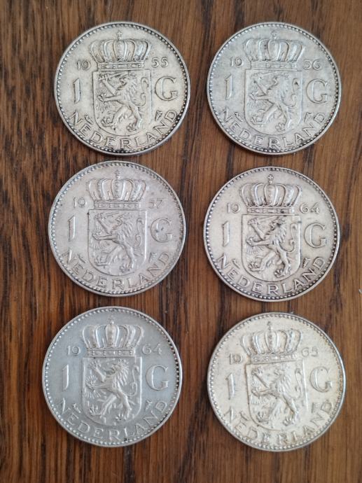 Srebrnjaci 1 Gulden 1955, 56, 57, 64 x 2 i 1965 Juliana