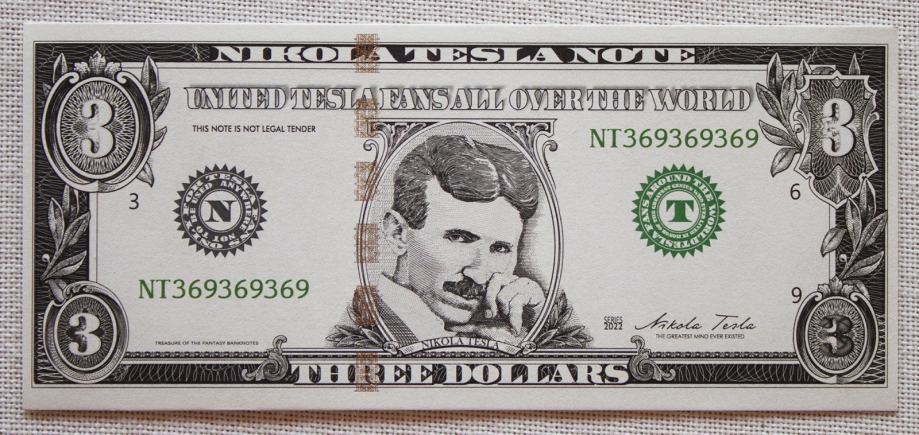 3 dolara s motivom Nikola Tesla fantazijska novčanica UNC