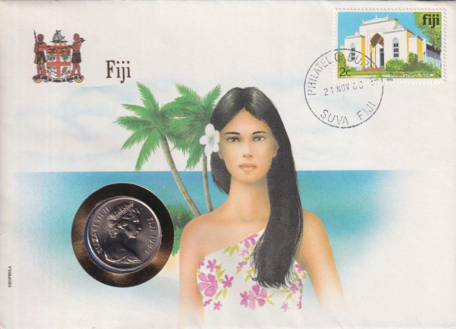 Fiji 20 cents 1985 UNC (A 2021 ) us STAMP + LETTER NUMISLETTER