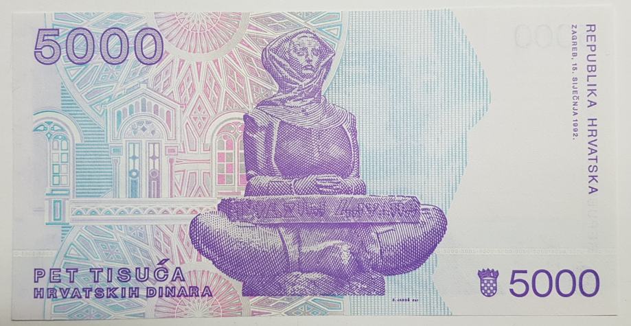 HRVATSKA, 5000 HRD (HRVATSKIH DINARA) 1992, UNC