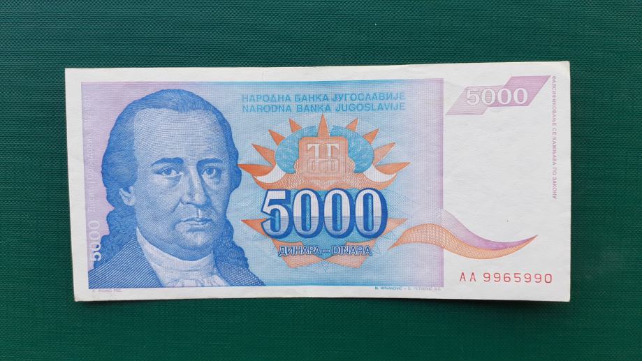 JUGOSLAVIJA,5000  DINARA 1994.