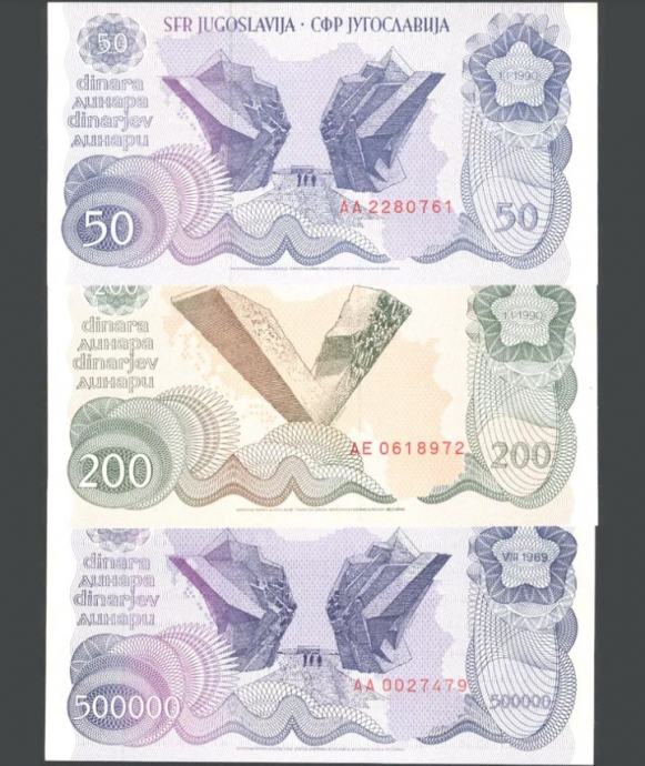 Lot Spomenici 50, 200, 500000 dinara 1989 UNC stanje