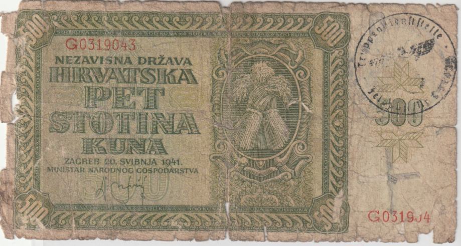 N.D.H. 1941 ,PET STOTINA KUNA KORISTILE VOJNE SNAGE REICHA CRNI ŽIG