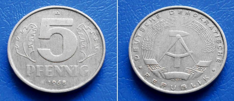 NJEMAČKA DDR GERMANY 5 PFENNIG 1968 A KM. 9.1 - GRB ČEKIĆ I KOMPAS