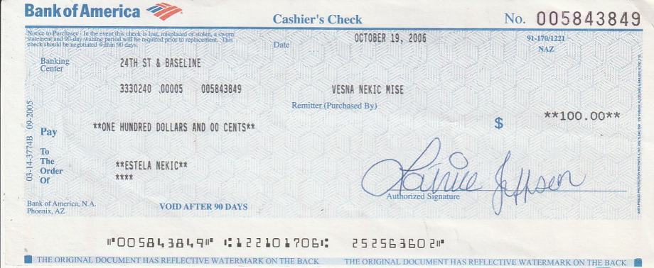 Cashier's check bank on sale of america