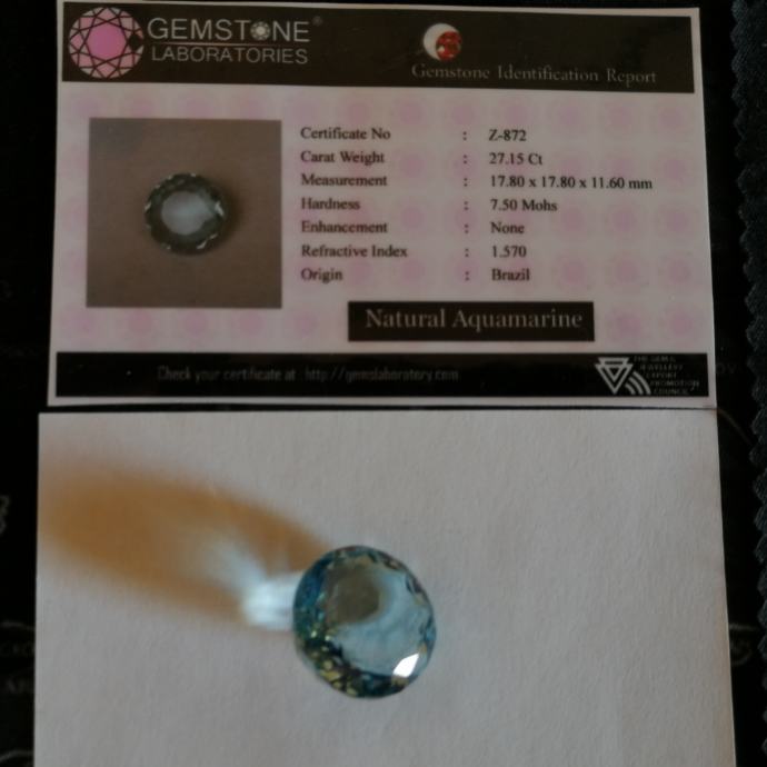 Aquamarine 27.15 CT dragi kamen sa certifikatom