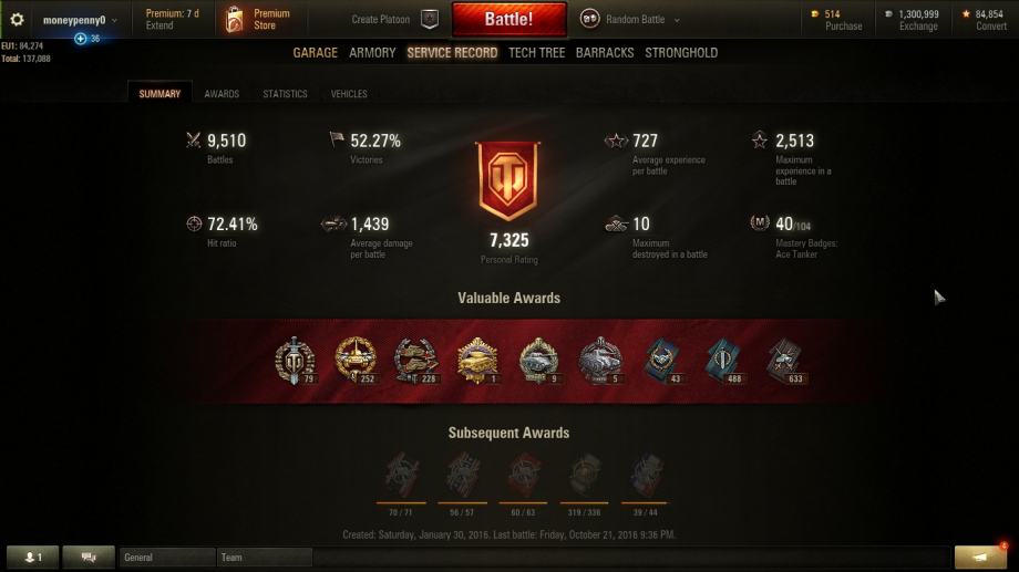 World of Tanks acc - 85k free exp - t10 tenkovi -  prem tenk itd..