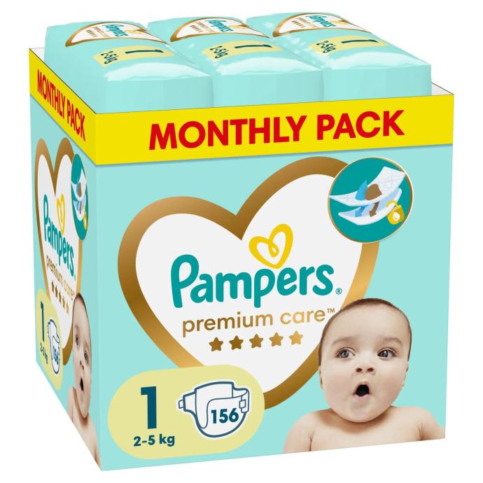 Pampers Premium Care, veličina 1 (2-5kg), 156 kom, ORIGINAL ZAPAKIRANO