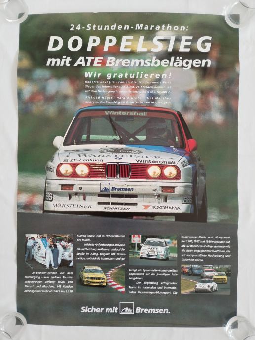 ORIGINALNI PLAKAT POSTER BMW SERIJE 3 DOPPELSIEG MIT ATE 84x 60cm AUTO