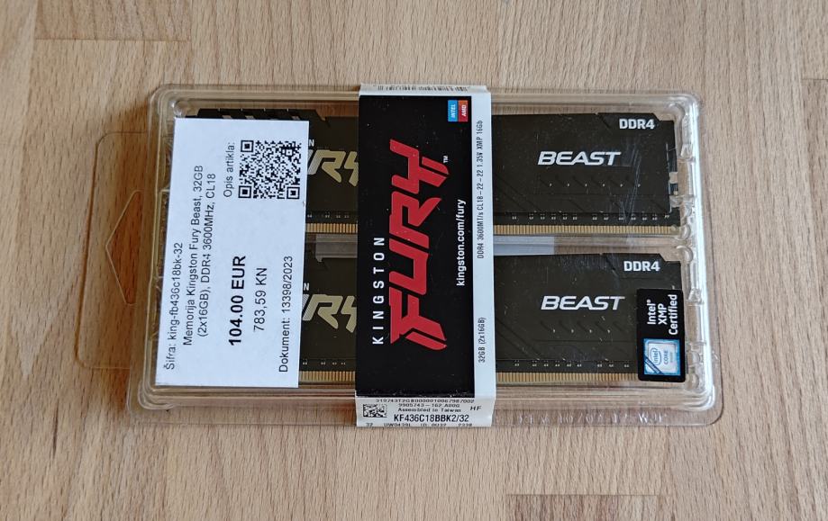 Kingston 3600MHz Fury BEAST, DDR4 32GB (2x16), KF436C18BBK2/32