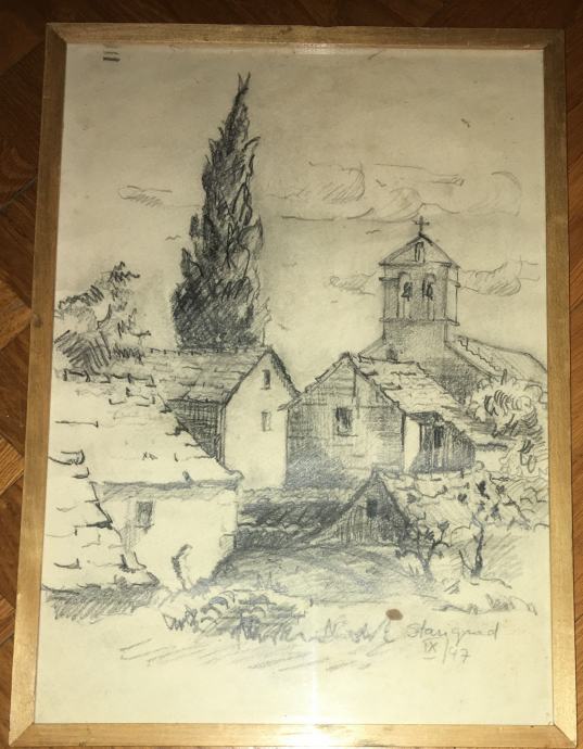 Stari grad Hvar - Crtež olovkom iz 1947.g. - 37x26cm