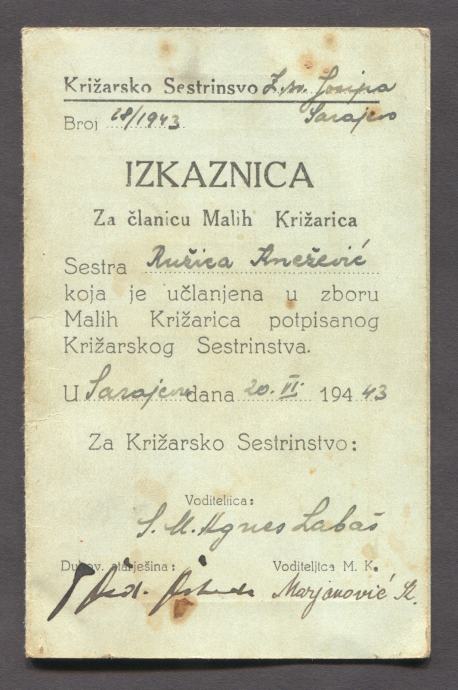 1943. SARAJEVO - IZKAZNICA MALIH KRIŽARICA, RELIGIJA