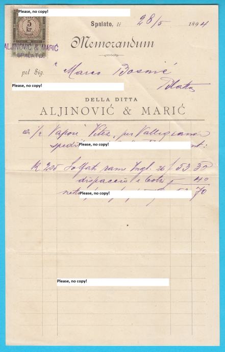 ALJINOVIĆ & MARIĆ (Split) memorandum 1894. g. u Blato-Korčula (Bosnić)