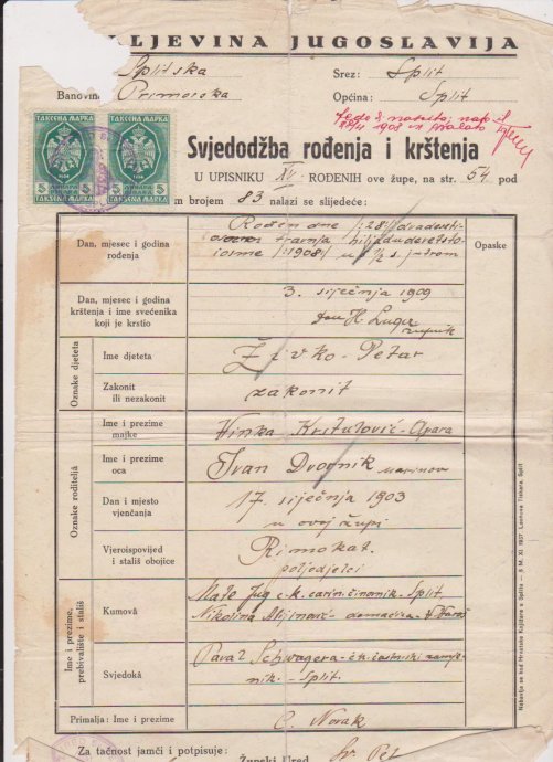 K.Jugoslavija rodni list Split 1938