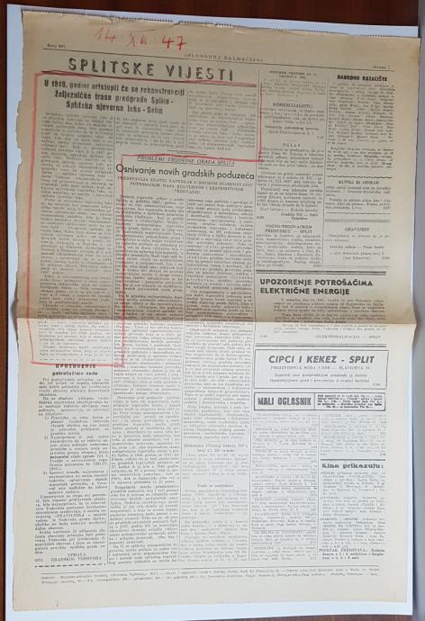 LIST IZ NOVINA SLOBODNA DALMACIJA, broj 897, IZ 1947. g.