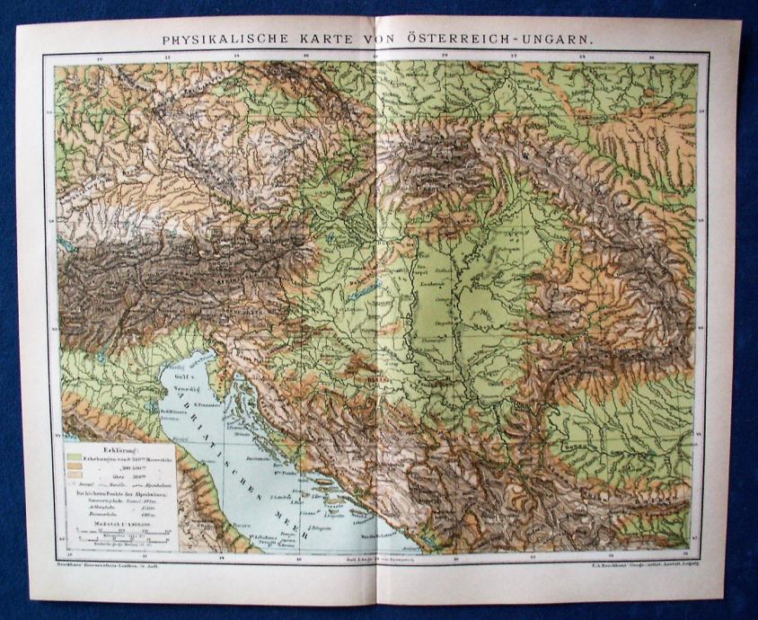 LITORGAFIJA - KARTA AUSTROUGARSKA GEOGRAFIJA RELJEF HRVATSKA 1889