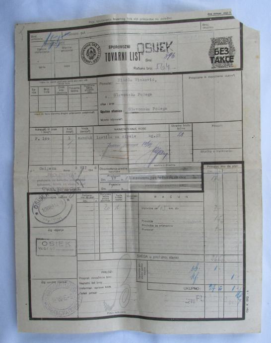 PROLETERKA OSIJEK - tovarni list, željeznica / Požega, 1946.