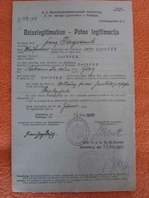 Putna legitimacija iz 1917g  Postojna-Slovenija