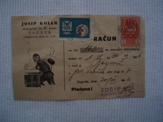 račun Josip Kolar dimnjačar, Zagreb 1946