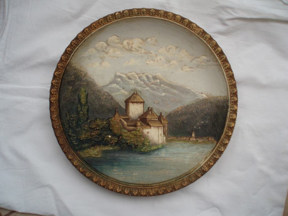 stari zidni tanjur sa motivom dvorca u Švicarskoj