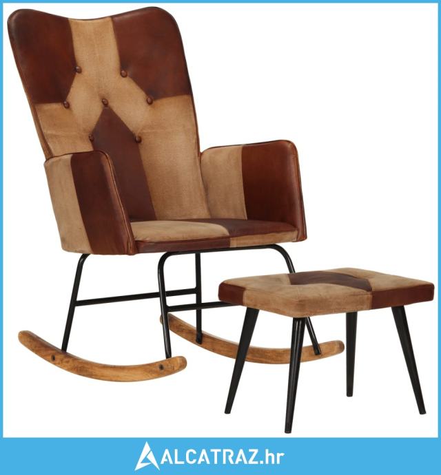 Stolica za ljuljanje s tabureom smeđa od prave kože i platna - NOVO
