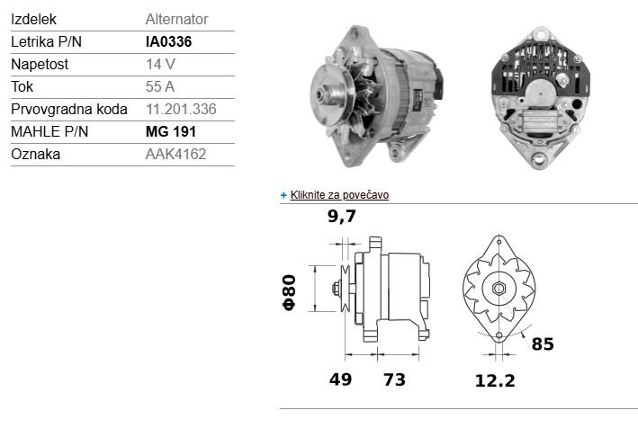 ALTERNATOR MAHLE (BIVŠA ISKRA) 14V 55A ZA TRAKTOR FIAT