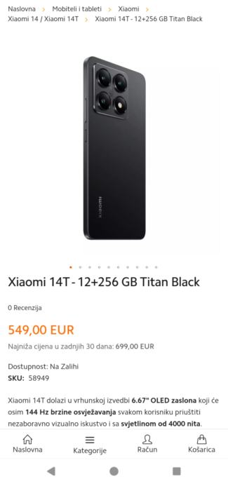 Xiaomi 14t 12+256GB Titan Black NOVO ZAPAKIRANO S JAMSTVOM!