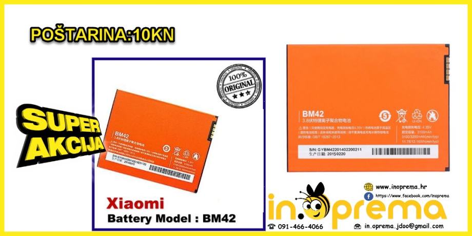 XIAOMI BM42 REDMI NOTE BATERIJA BATERIA ORIGINAL ORGINAL XIAOMI BM 42